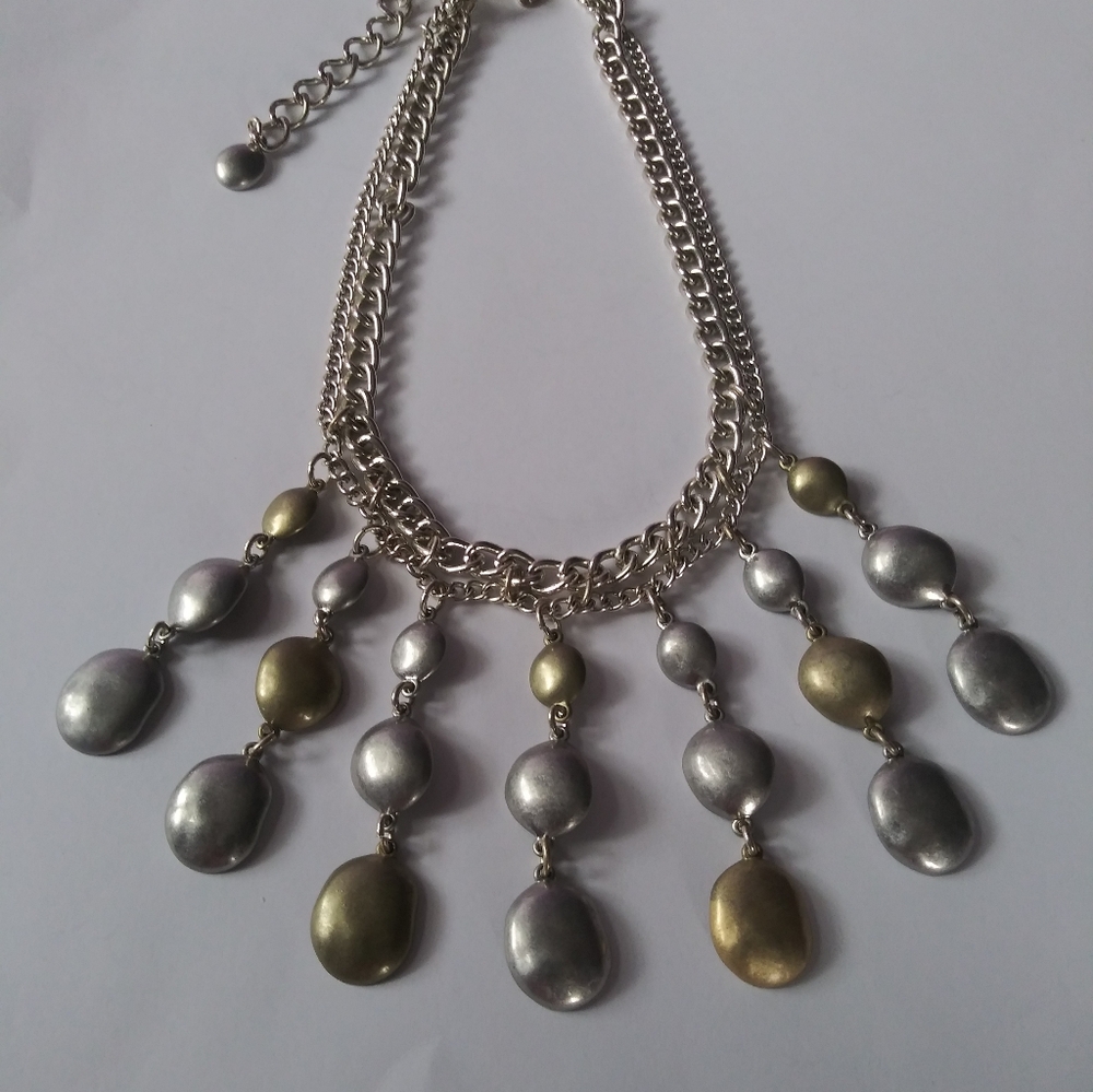 Two Tone CHICO'S Hanging Drop Metal Bib Necklace.